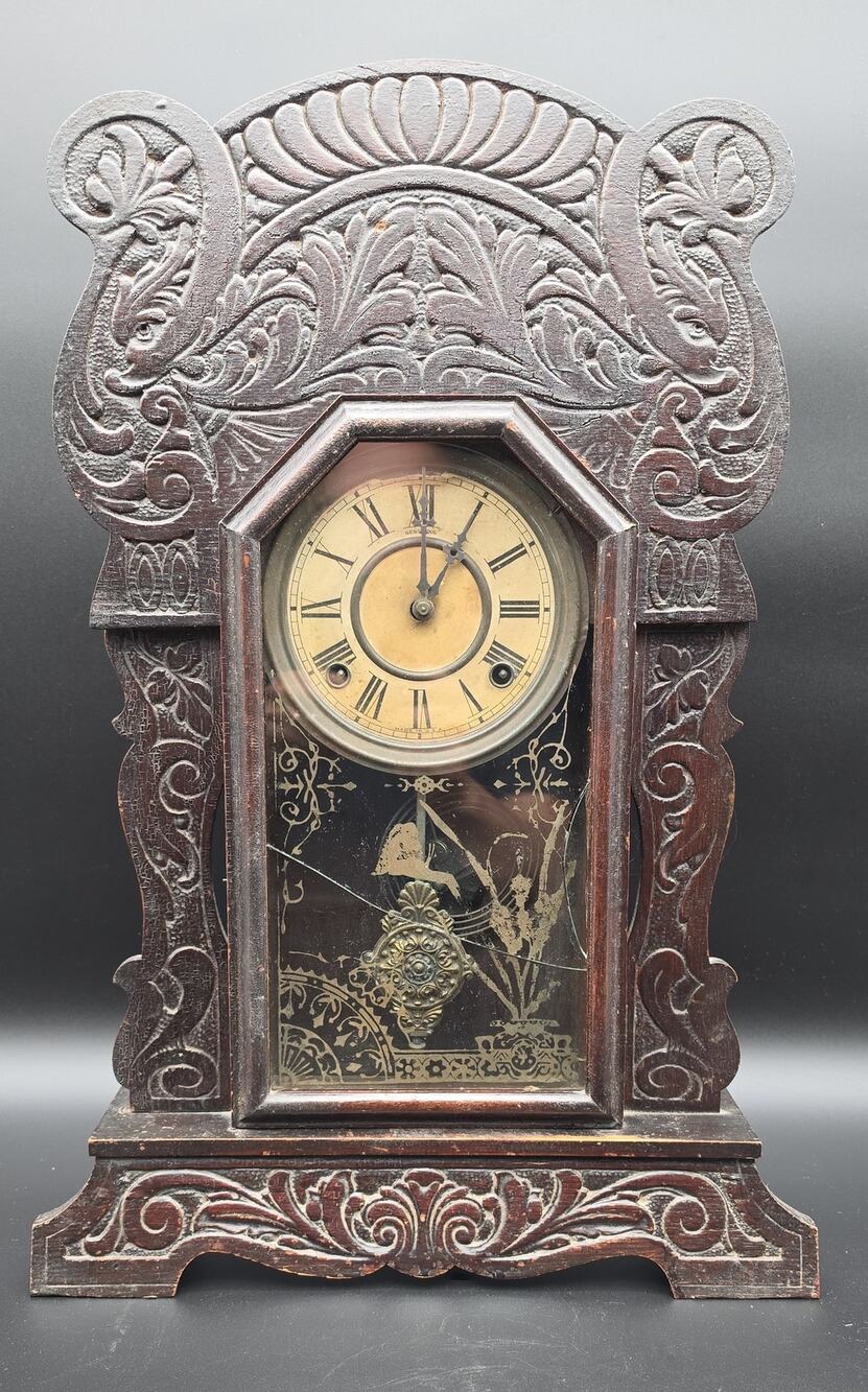 Vintage Sessions Regulator Clock Dual Wind Wood Case Ornate Carved w/ Key